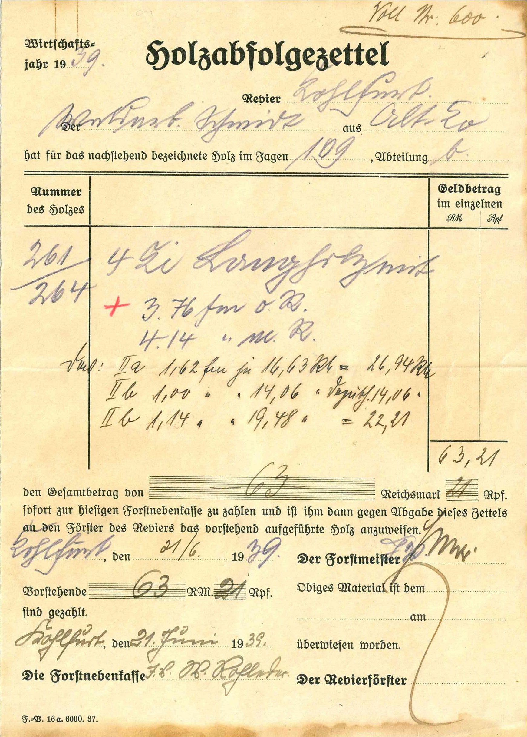 Dokument potwierdzający odbiór/sprzedaż drewna. Węgliniec (Kohlfurt) - 1939 r. Udostępnił A. Robaszkiewicz.