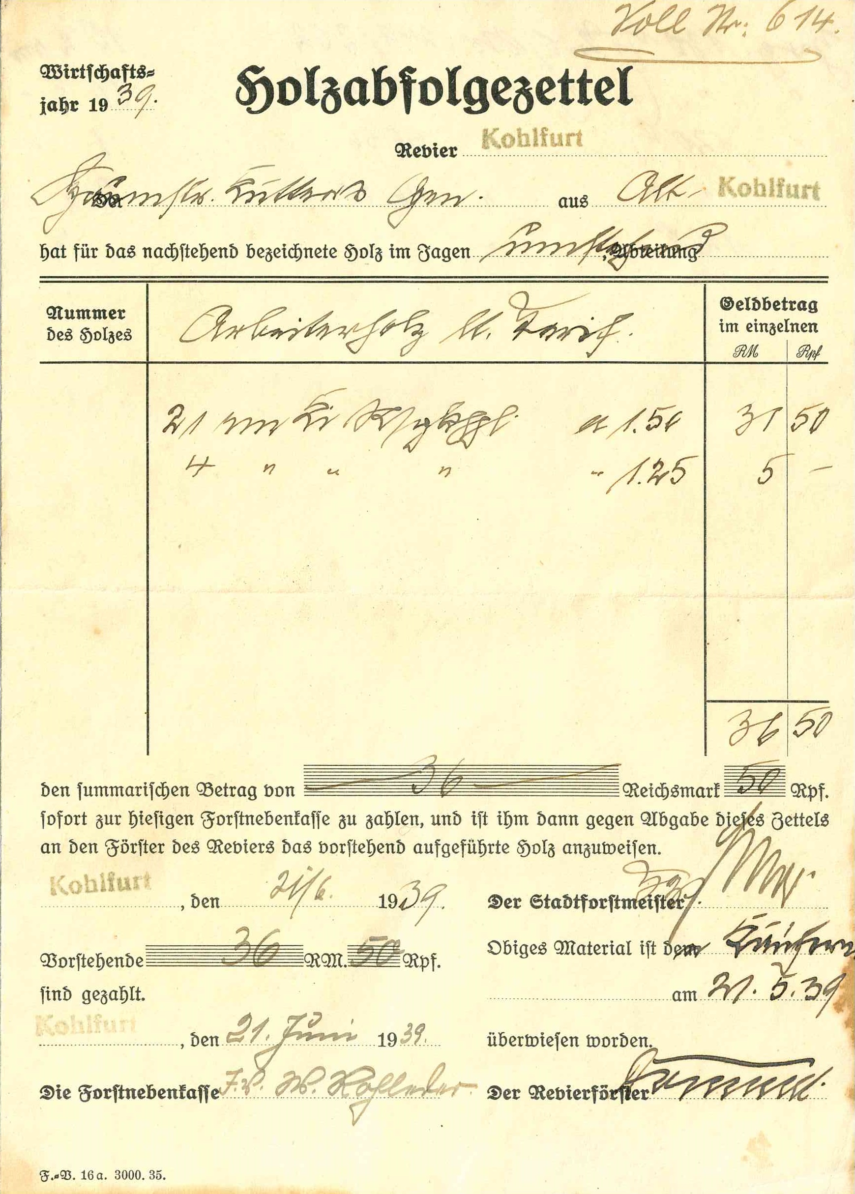 Dokument potwierdzający odbiór/sprzedaż drewna. Węgliniec (Kohlfurt) - 1939 r. Udostępnił A. Robaszkiewicz..